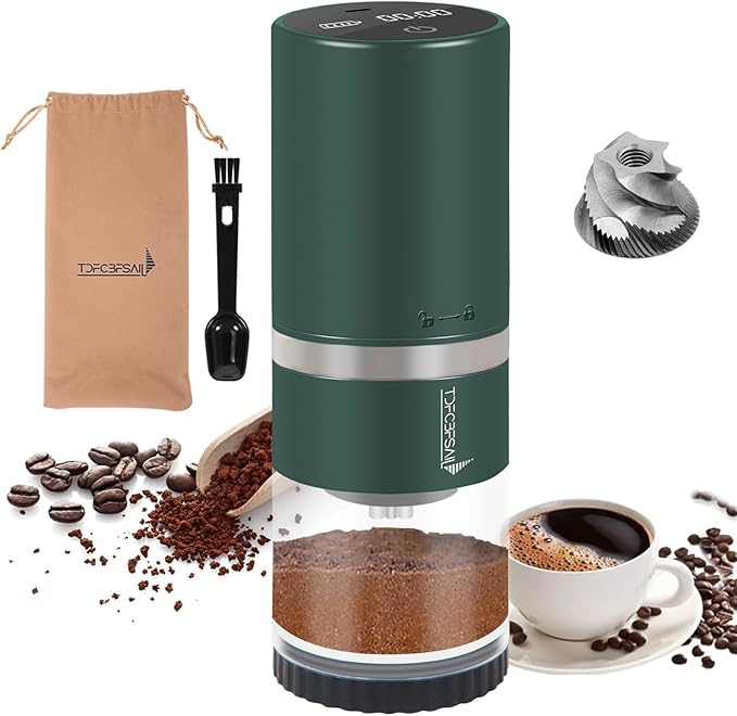 Portable Electric Coffee Grinder Stainless Steel Conical Burr Coffee Grinder with 45 Adjustable Settings Rechargeable Coffee Bean Grinder with LED Display for Home, Travel, Camping, Office-Dark Green