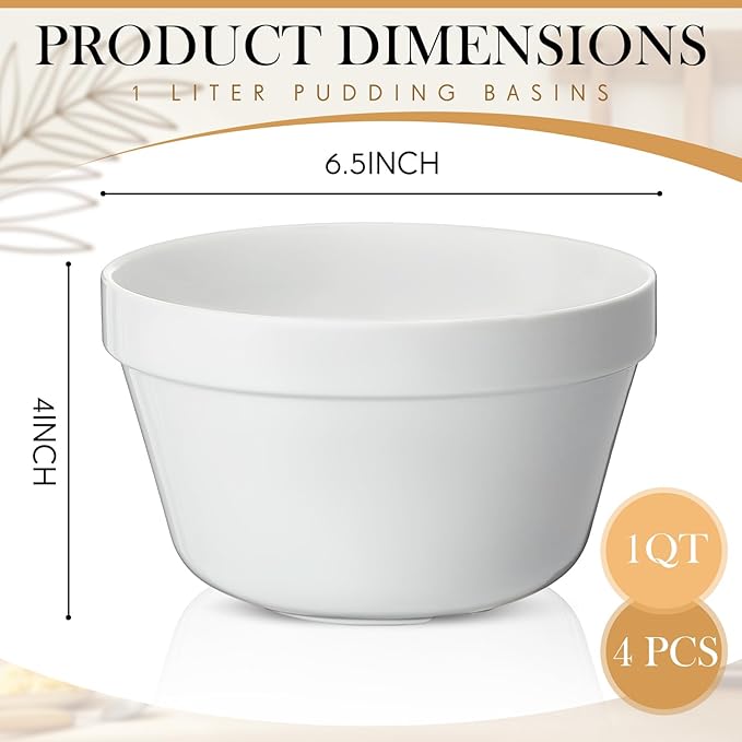 4 Pieces Ceramic 1 Qt Pudding Basins White 6.5 Inch Christmas Pudding Mold Bowls for Steaming Ovenproof Durable and Sturdy Porcelain Steamed Plum Puddings Basin Bowl Easy to Clean