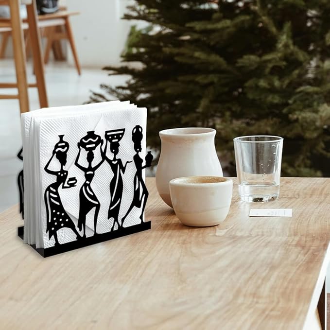 African Female Decorative Black Metal Napkin Holder for Table, 5.3" x 4.9" x 1.9" African Women Standing Napkin Holder for Home Kitchen Restaurant Picnic Party Coffee Bar Dining Room