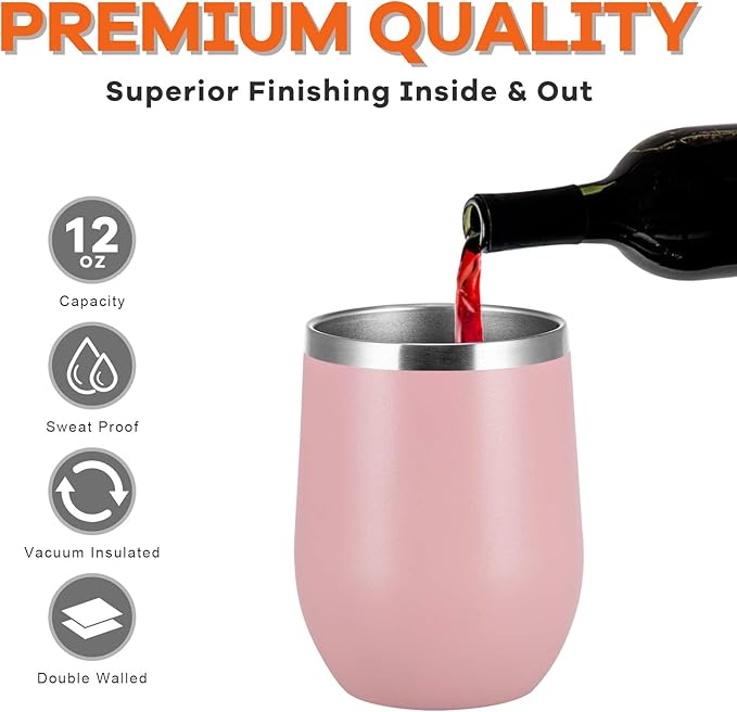 COMOOO Stainless Steel Wine Tumbler Glass Bulk with Lid and Straw 12oz Double Wall Vacuum Insulated Travel Tumbler Cup for Coffee Wine Cocktails Ice Cream Cup, Light Pink, 12 pack