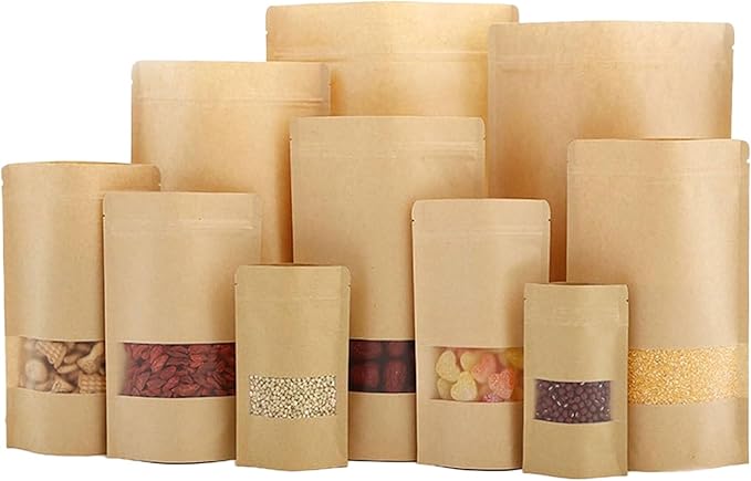 100pcs Kraft Bags with Window Zipper Lock Stand Up Bulk Pouches Resealable 10x14in