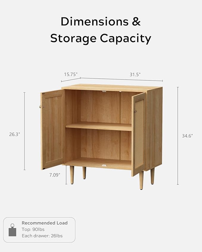 Accent Storage Cabinet Sideboard with Rattan Doors, Boho Buffet Kitchen Bar Cabinet Farmhouse Credenza Cabinets with Adjustable Shelves for Dining Room (Square Doors/Oak)