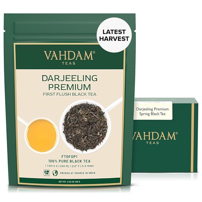 VAHDAM, First Flush Darjeeling Tea - 50 Cups (3.53oz) | Loose Leaf Black Tea - Flowery, Aromatic & Delicious | Picked, Packed & Shipped Direct From India | Champagne Of Teas | Mellow & Fragrant