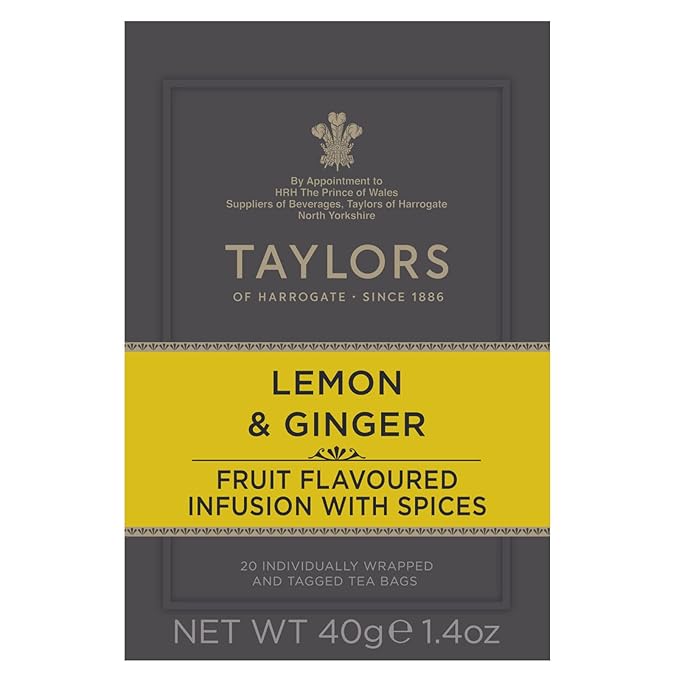 Taylors of Harrogate Lemon & Ginger, Herbal Tea, Individually Wrapped Bags, 20 Count (Pack of 1), Cleansing, Invigorating and Citrussy, Caffeine-Free, Enjoy Hot or Iced, 20 Teabags