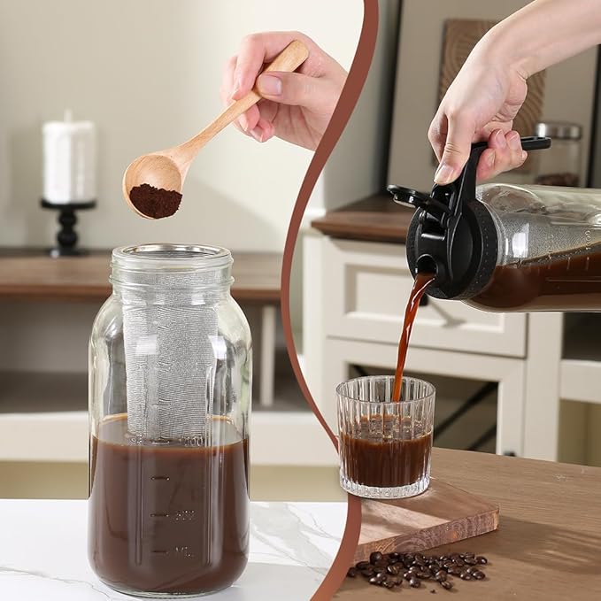 Glass Tea Pitcher with Airtight Lid Leak Proof Mason Jar with Stainless Steel Filter Glass Empty Jar for Water, Tea and Juice (Black)