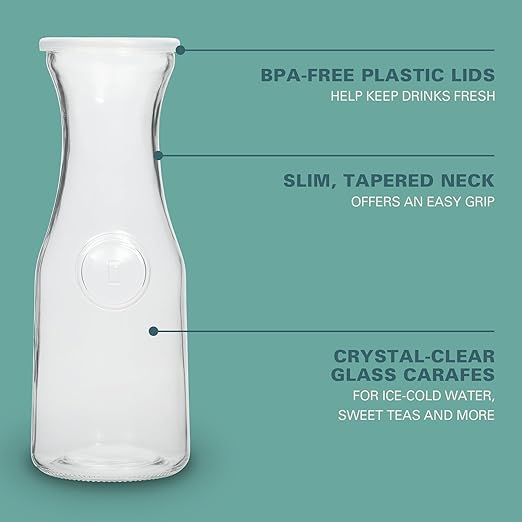 Gibson Home Windchill Set of 4 Large Glass Carafe with Lid, 1 Liter Clear Glass Pitcher, Beverage Serveware Carafe for Mimosa Bar Brunch Cold Water Juice Milk Iced Tea Lemonade - Dishwasher Safe