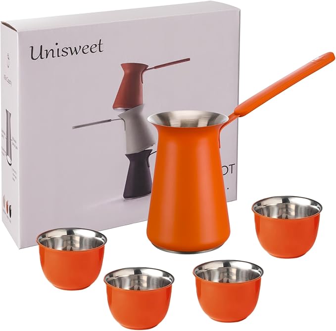 Turkish Coffee Pot Set- Coffee Maker, Briki Greek Turkish Pot with 4 Small Cups, Arabic Tea Pot, Cezve/Ibrik Coffee Pot for Stovetop(1 pot and 4 small cups)