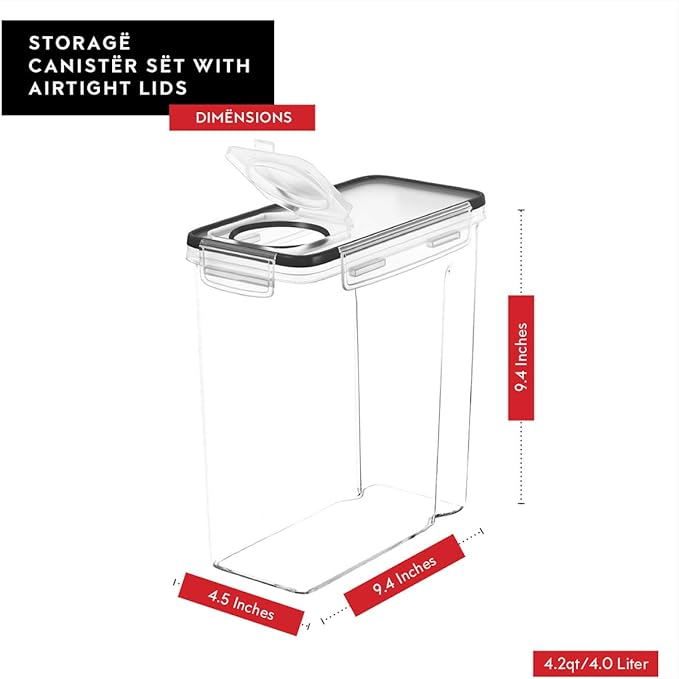 DWËLLZA KITCHEN Cereal Containers Storage 4 Pack 135 fl. oz Cereal Dispenser Airtight Food Storage Containers BPA-Free Pantry Organization and Storage, Canister for Flour & Sugar 1 Marker 8 Labels