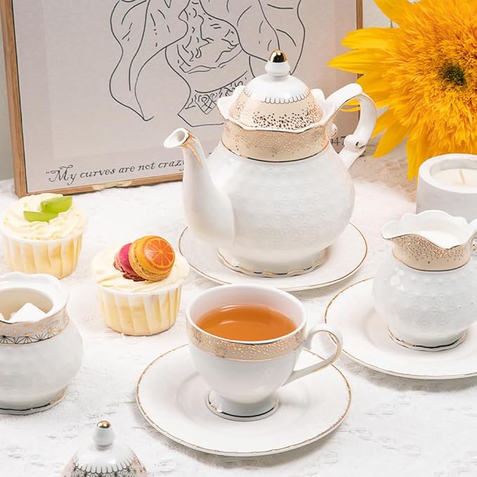Sweejar 21 Pieces Porcelain Tea Set, Vintage Gold Trimmed Teapot Cup and Saucer Set, Tea Cup for Loose Tea, Sugar Bowl and Creamer Pitcher with Spoons, Service for 6(Classic Gold)