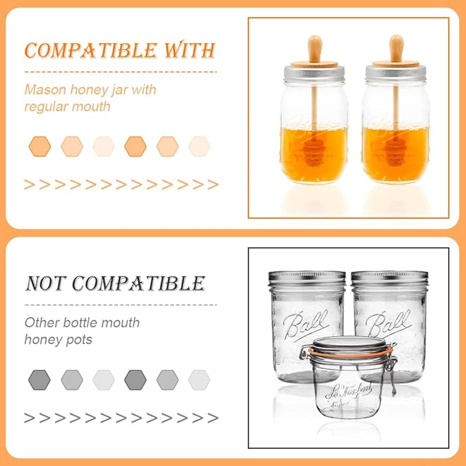 2pcs Wooden Mason Jar Honey Dippers - Honey Dipper Wooden Stick for Regular Mouth Mason Jars, Honey Spoon Mason Jar Honeycomb Lid for Regular Mouth 16 oz Mason, Ball Jars (ONLY Honey Dippers)