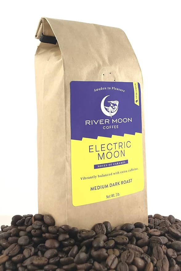 River Moon Coffee, Electric Moon High-Caffeine Whole Bean Coffee, 16 Ounces, Bold Medium-Dark Roast