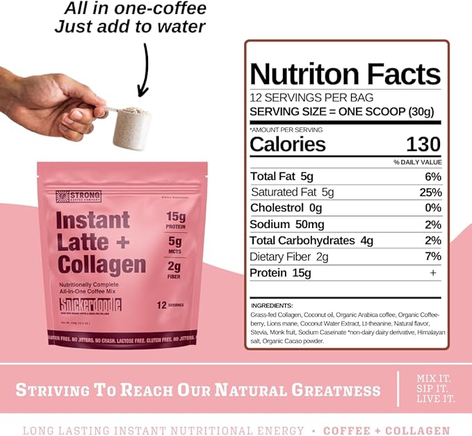 Strong Coffee Co. Instant Snickerdoodle Latte | Organic Coffee with 15g Collagen Protein | Lion’s Mane & L-Theanine | Nootropic Instant Coffee | 12 Servings
