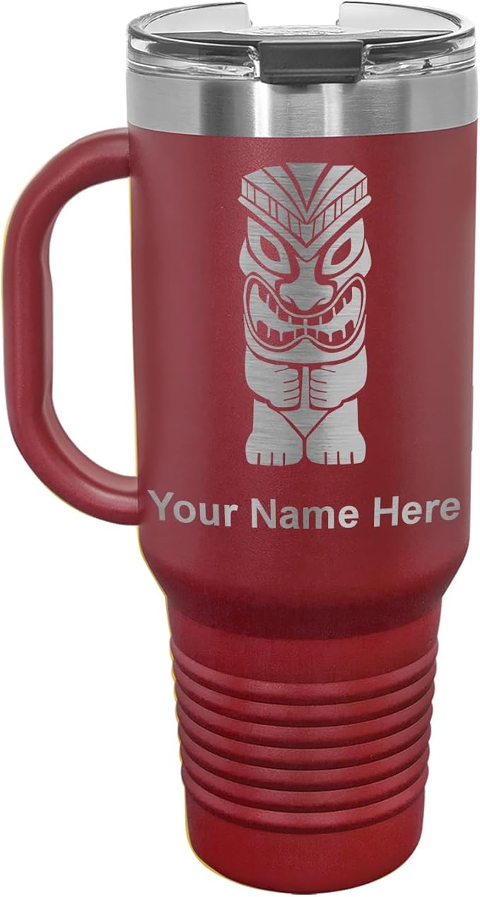 LaserGram 40oz Vacuum Insulated Travel Mug with Handle, Tiki Statue, Personalized Engraving Included (Maroon)