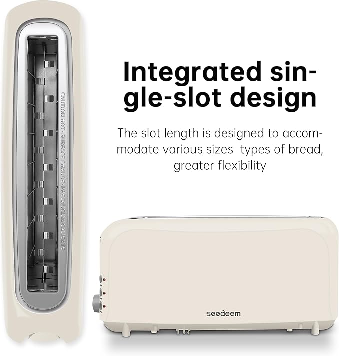SEEDEEM 2 Slice Slim Toaster, Single 10" Long Slot Toaster Fits Bagels & Artisan Bread, 6 Shade Settings, Cancel/Reheat/Defrost, Removable Crumb Tray, Auto Shut-Off, White