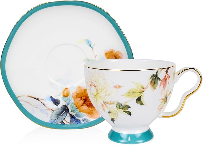 Bone China Tea Cup and Saucer Set, Bone China Coffee Cups and Saucers, Vintage Blue and White TeaCups snd Saucers Gift for Mom Friend Tea Party (Blue E)