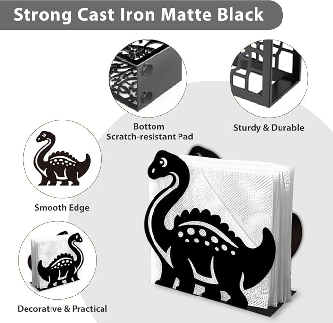 Cartoon Dinosaur Decorative Black Metal Napkin Holder for Table, 4.9" x 4.7" x 1.9" Dinosaur Standing Napkin Holder for Home Kitchen Restaurant Picnic Party Coffee Bar Dining Room