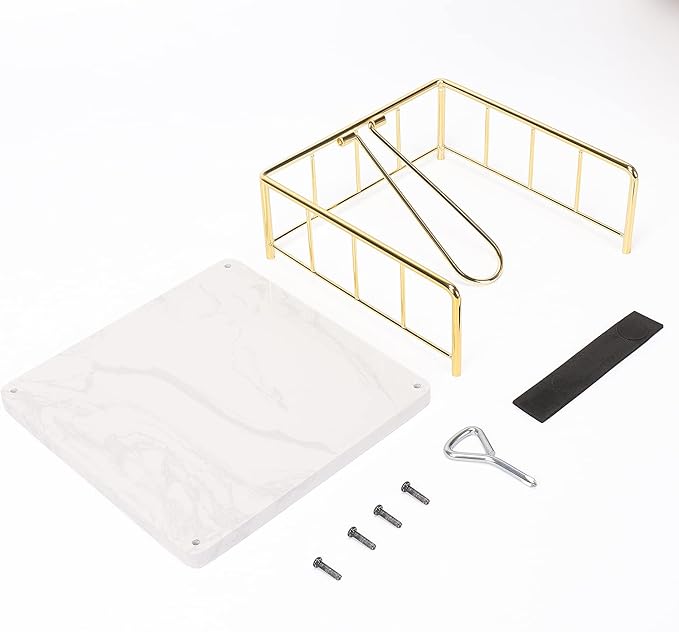 Livabber Flat Napkin Holder, Metal Kitchen Napkin Storage with Weighted Tension Arm Rustic Tissue Paper Dispenser for Countertop, Table Kitchen, Dining Room (With Marble Base, Gold)