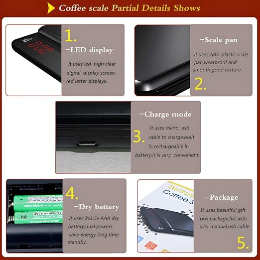 Portable Mini Digital Coffee Scale Electronic Kitchen Scale with Timer Function and Led red Letter high Clear Display Screen,3.0Kg Max D0.1g Dual Power Dry Battery or Rechargeable.Black
