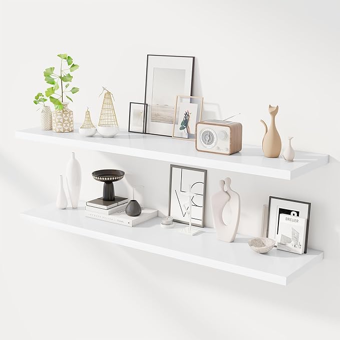 Dreamland 55" Floating Shelves for Wall, 12" Deep Slim White Floating Shelves, Wall-Mounted Shelves for Bedroom, Living Room, Kitchen, Bathroom - Set of 2