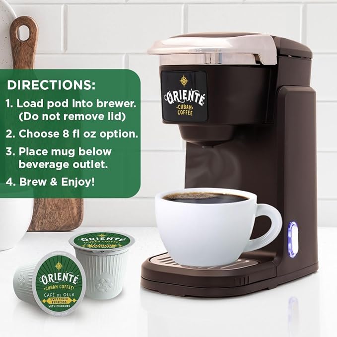 Oriente Sweetened Espresso with Cinnamon Coffee Pods, 36 ct, Dark Roast Flavored Cuban Inspired in Recyclable Single Serve Pods - 100% Arabica Coffee, Compatible with Keurig K Cups Maker