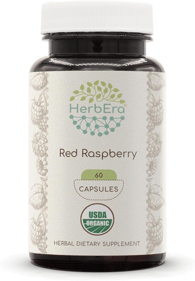 HerbEra Red Raspberry USDA Organic 60 Capsules | Natural Herbal Supplement | Certified Organic Vegetarian Capsules and Organic Red Raspberry (Rubus idaeus) Dried Leaf (60 Capsules)