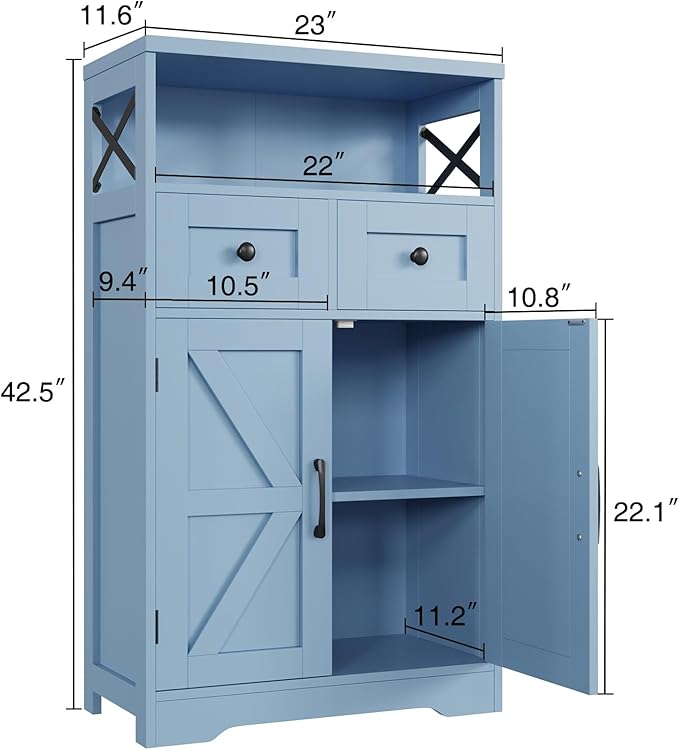 Farmhouse Light Blue Storage Cabinet with Barn Doors and Drawers, Freestanding Kitchen Pantry Cabinet, Hutch Cupboard for Kitchen, Laundry Room, Living Room