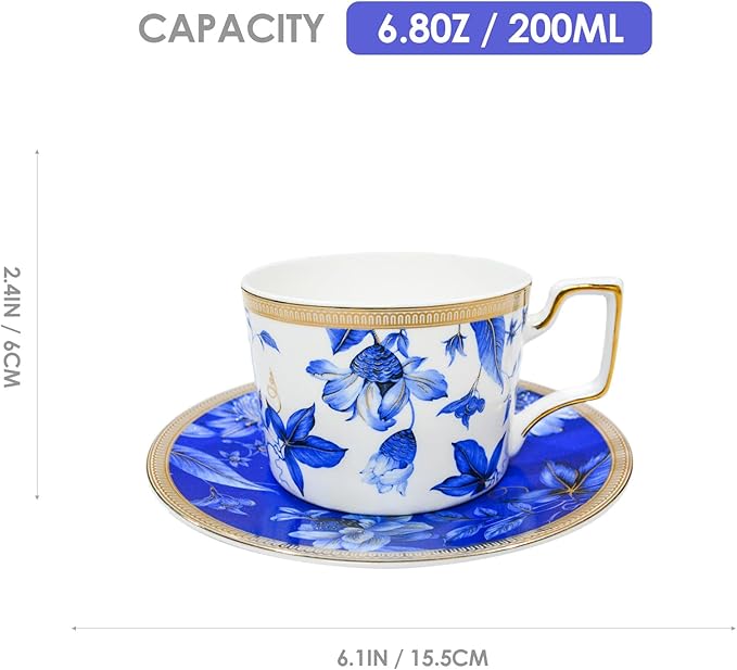 Bone China Tea Cup and Saucer Set, Bone China Coffee Cups and Saucers, Vintage Blue and White TeaCups snd Saucers Gift for Mom Friend Tea Party (dark blue)