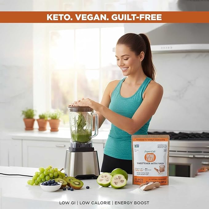 Super Life Monk Fruit Sweetener with Fiber – Low-Glycemic Index, Diabetic-Safe & Erythritol-Free Sugar Alternative for Baking, Beverages & Caramelizing | Non-GMO, Low-Calorie, Keto & Low GI Food – 7oz / 200g