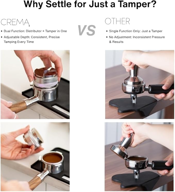 CREMA Coffee Products 59mm Hand Tamper & Distributor | Compatible with Breville Portafilters | Double-Sided, Adjustable Depth Tool | Made with Durable 304 Stainless Steel | Black
