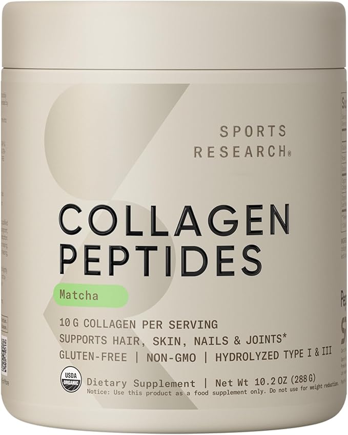 Sports Research Premium Collagen Peptides Powder and Organic Matcha Green Tea - Collagen Powder Protein Supplement with Japanese Matcha and Amino Acids - Gluten Free, Non-GMO, Sugar Free
