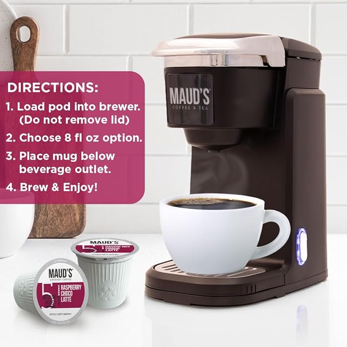 Maud's Raspberry Chocolate Flavored Coffee Pods, 18 ct, Medium Roast Flavored Coffee in Recyclable Single Serve Pods – 100% Arabica Beans, Compatible with Keurig K Cups Maker