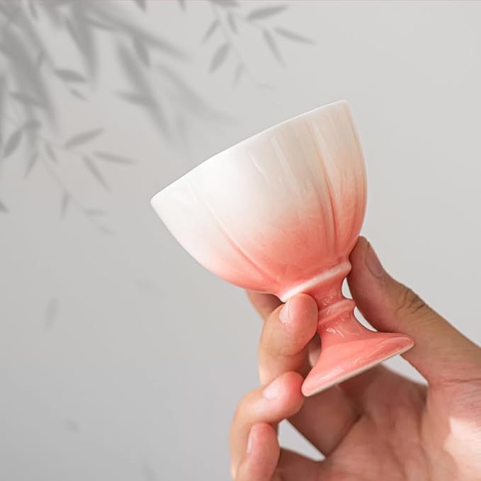 KAMMAK Tea Cup, 1.8oz Small Ceramic Tea Cups Set of 2 for Home, Tea Party, Office, Cute Porcelain Teacups with Short Stem, Chinese Kungfu Tea Set for Hot/Cold Drink (White and Red)