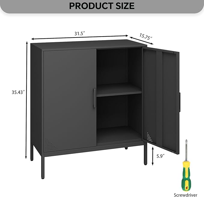 Metal Storage Cabinet with Adjustable Shelves, Steel Buffet Sideboard for Entryway, Living Room, Dining Room, Kitchen, Office, Bar (Black, 31.5" D x 15.75" W x 35.43" H)