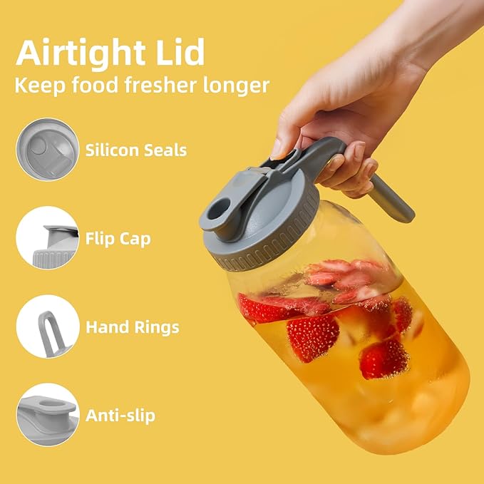 2 Pack Glass Mason Jar Pitcher - 64 oz/2 Quart Wide Mouth Jug with Lid and Pour Spout, Airtight Seal, Leak Proof Iced Tea Pitcher for Sun Tea, Juice, Breast Milk, Cold Beverages, Coffe