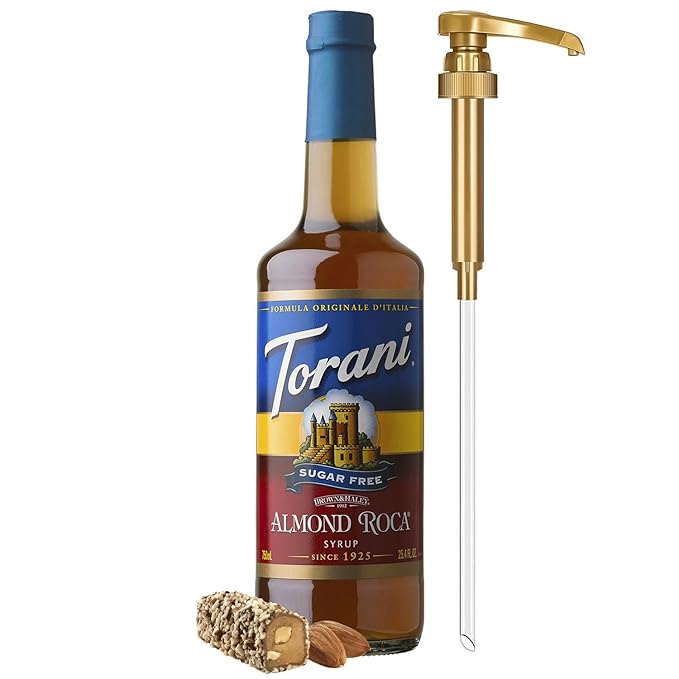 Torani Sugar Free Coffee Syrup, Almond Roca Flavoring for Drinks, Zero Calorie, Glass Bottle with Pump Included, 25.4 Fl Oz