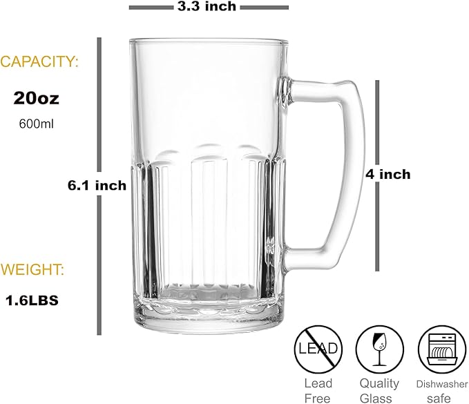 COKTIK 2 Pack Heavy Large Beer Glasses with Handle - 20 Ounce Glass Steins, Classic Beer Mug glasses Set