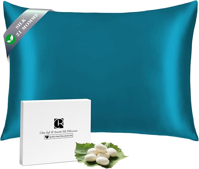 Ravmix Silk Pillow Cases with Zipper, 21momme Mulberry Silk Pillowcase for Hair Skin Health, Soft Smooth Breathable Cool Pillow Cover for Beauty Sleep with Gift Box 1PC(Standard 20"x26", Peacock Blue)