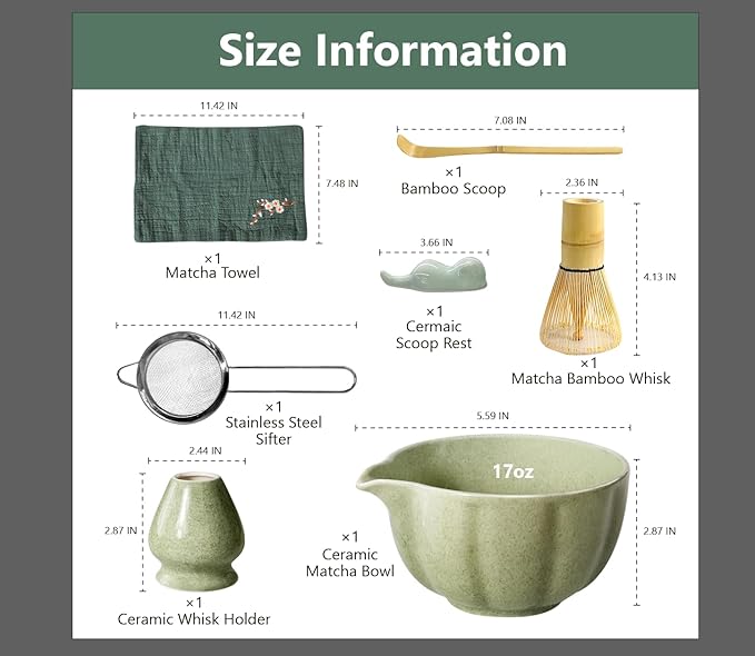 Matcha Whisk Set, 7 Pcs Japanese Matcha Kit Includes Matcha Bowl with Spout, Bamboo Whisk, Chasen Holder, Stainless Sifter, Scoop and Rest, Tea Towel, Matcha Tea Set Gift for Family/Friend