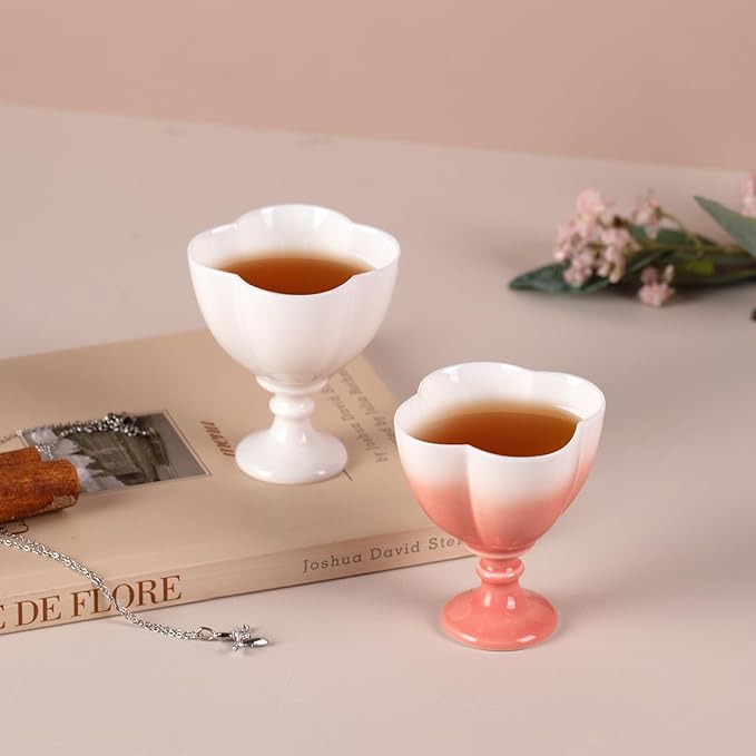KAMMAK Tea Cup, 1.8oz Small Ceramic Tea Cups Set of 2 for Home, Tea Party, Office, Cute Porcelain Teacups with Short Stem, Chinese Kungfu Tea Set for Hot/Cold Drink (White and Red)