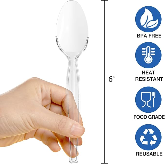 POSATE Heavy Duty Plastic Spoons - Food-Grade Disposable Material, Clear, Pack of 30