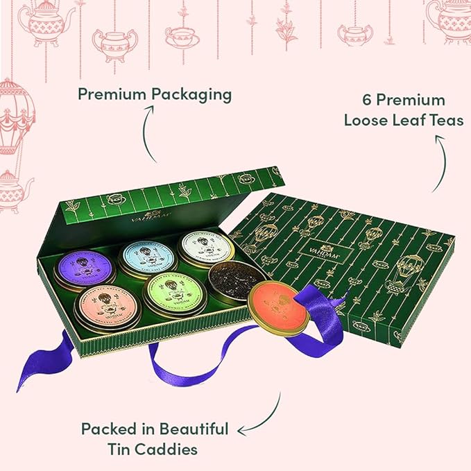 VAHDAM, Green Tea Set Gift Box (6 Teas) Premium Tea Gift Sets | 100% Pure Loose Leaf Tea, Gluten Free | Christmas Tea Gifts | Christmas Gifts For Women, Men & Adults I Christmas Gifts 2025