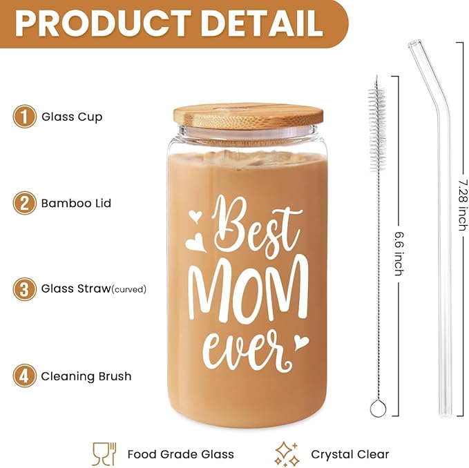 SANDJEST Gifts for Mom from Daughter Son - Mom 16 Oz Can Glass Coffee Cup with Bamboo Lid & Straw - Mothers Gift for Women on Birthday Mothers Day Valentines