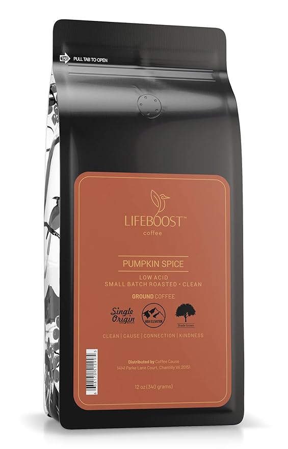 Lifeboost Pumpkin Spice Coffee Ground – Organic, Low Acid, Non-GMO, Single Origin Medium Roast – Mycotoxin-Free Cozy Flavored Fall Coffee, 12 oz