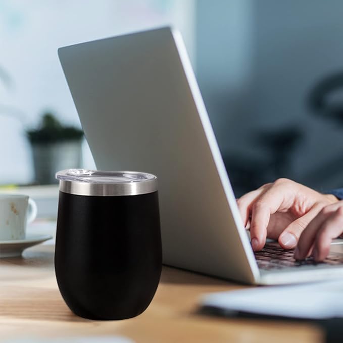 12 oz Insulated Wine Tumbler with Lid and Straw,Stainless Steel Stemless Wine Tumbler Glasses Double Wall Vacuum Wine Cups Tumbler Bulk for Coffee,Cocktail,Office(Black,8)