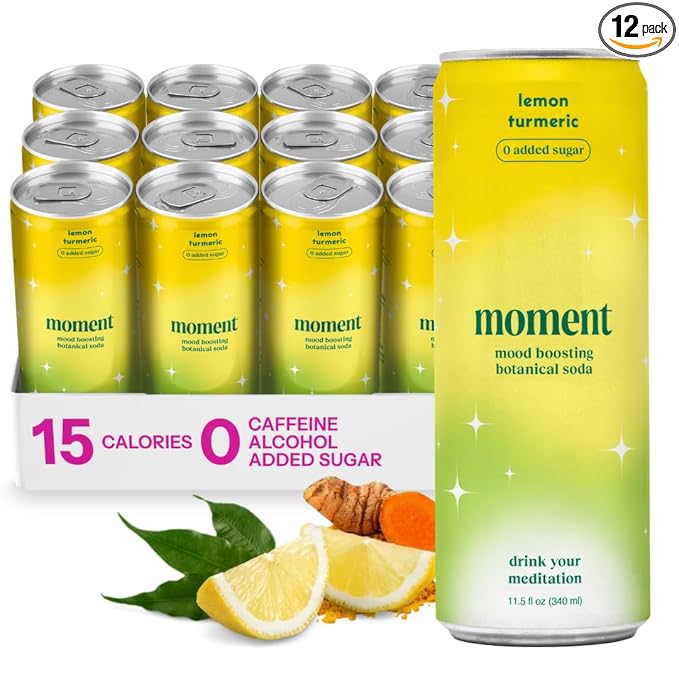 Moment Botanical Soda Soft Drink (Shark Tank) - SPARKLING Non Alcoholic Drinks | Lemon Turmeric | | L-Theanine & Ashwagandha for Calm & Clarity | 0 Added Sugar 0 Caffeine | 12-pack
