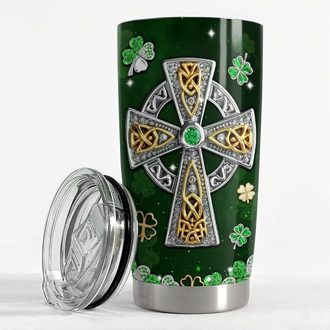 SANDJEST Irish Tumbler 20oz Celtic Cross Stainless Steel Tumbler with Lid Gift for Women Birthday Christmas
