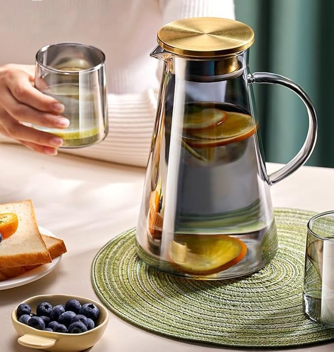 5-Pcs Glass Pitcher Set Jug with 4 Water Glasses Tumbler Cups Lid Carafe Jug with Spout Handle for Hot/Cold Tea Beverage