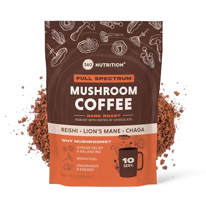 360 Nutrition Instant Mushroom Coffee with Reishi, Lion’s Mane, Chaga Superfood Mushrooms for Natural Energy, Focus and Immunity | Dark Roast, No Added Sugar 5 oz (Full Spectrum)