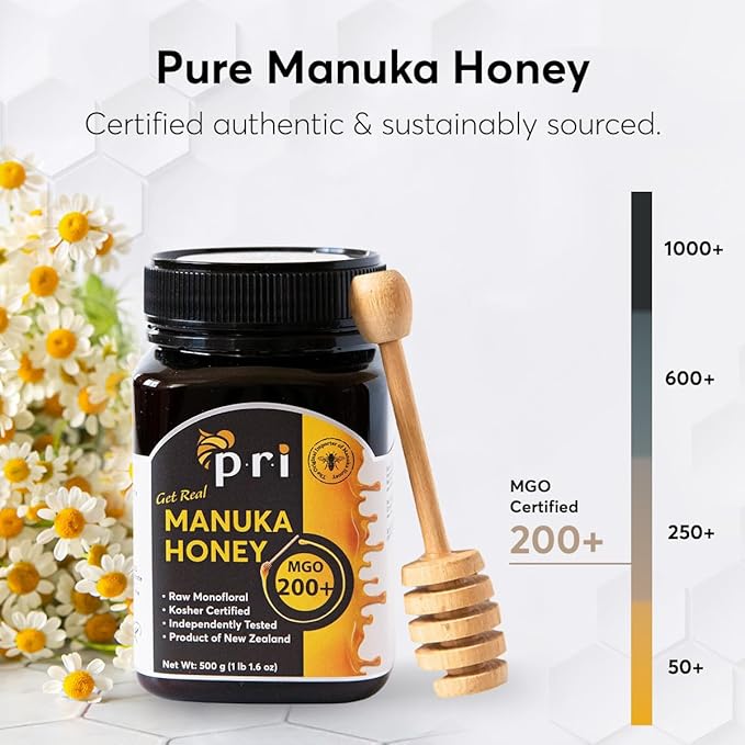 P.R.I Manuka Honey, Certified MGO 200+, Raw New Zealand Manuka Honey, 500g Jar