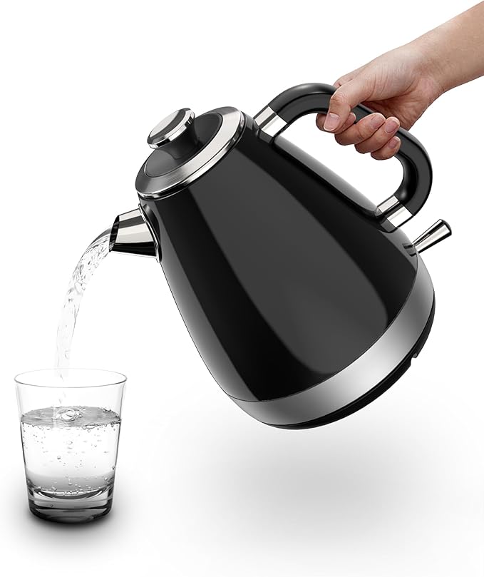 1.7L Retro Electric Kettle, 1200w Fast Boiling, Stainless Steel Hot Water Kettle Electric, Auto Shut-Off, Cordless, Boil-Dry Protection, Black